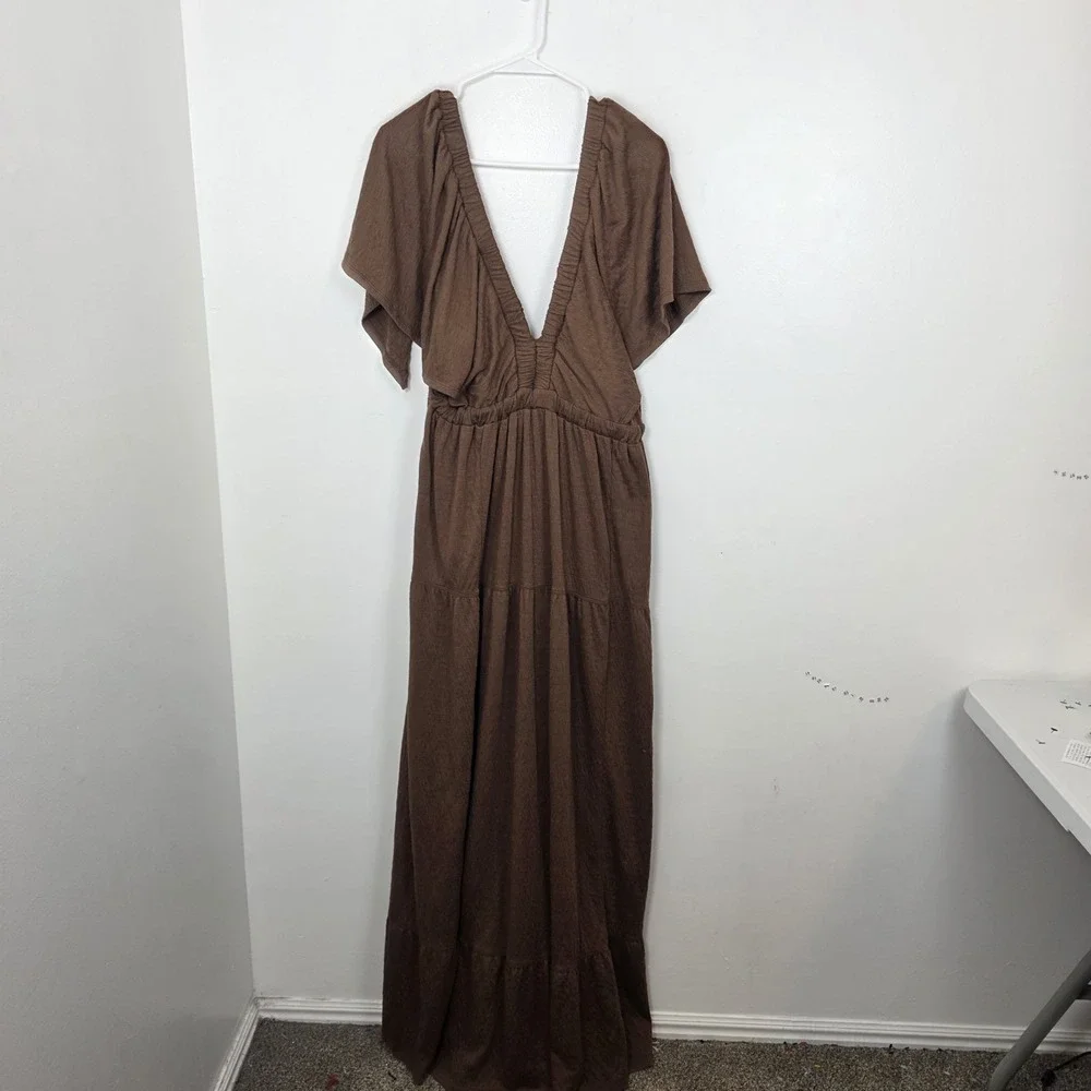 Free People Brown Maxi Dress with Deep V Neck